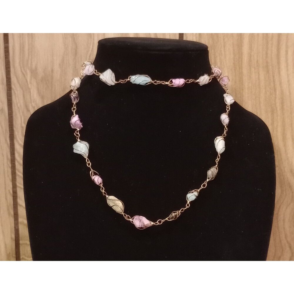 NWT Vintage Quartz Blue Purple Gold Tone Twisted Wire Link 32" Chain Necklace